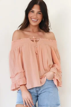 Sarah Top - Off Shoulder Ruffled Sleeve Top in Blush><noscript><img width=