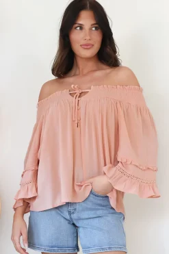 Sarah Top - Off Shoulder Ruffled Sleeve Top in Blush><noscript><img width=