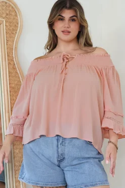 Sarah Top - Off Shoulder Ruffled Sleeve Top in Blush><noscript><img width=