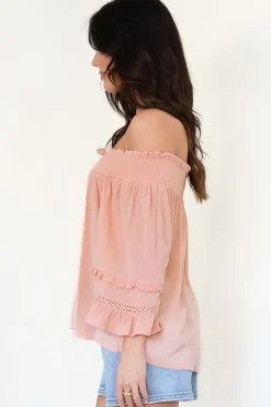 Sarah Top - Off Shoulder Ruffled Sleeve Top in Blush><noscript><img width=