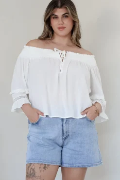 Sarah Top - Off Shoulder Ruffled Sleeve Top in White>Salty Crush Clearance