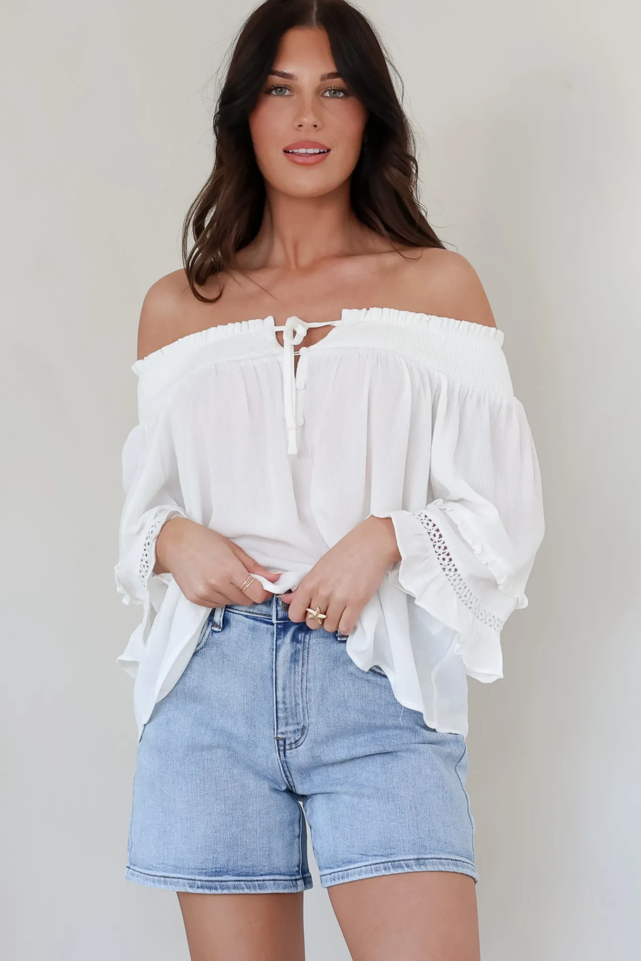 Sarah Top - Off Shoulder Ruffled Sleeve Top in White>Salty Crush Clearance