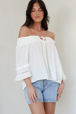 Sarah Top - Off Shoulder Ruffled Sleeve Top in White><noscript><img width=