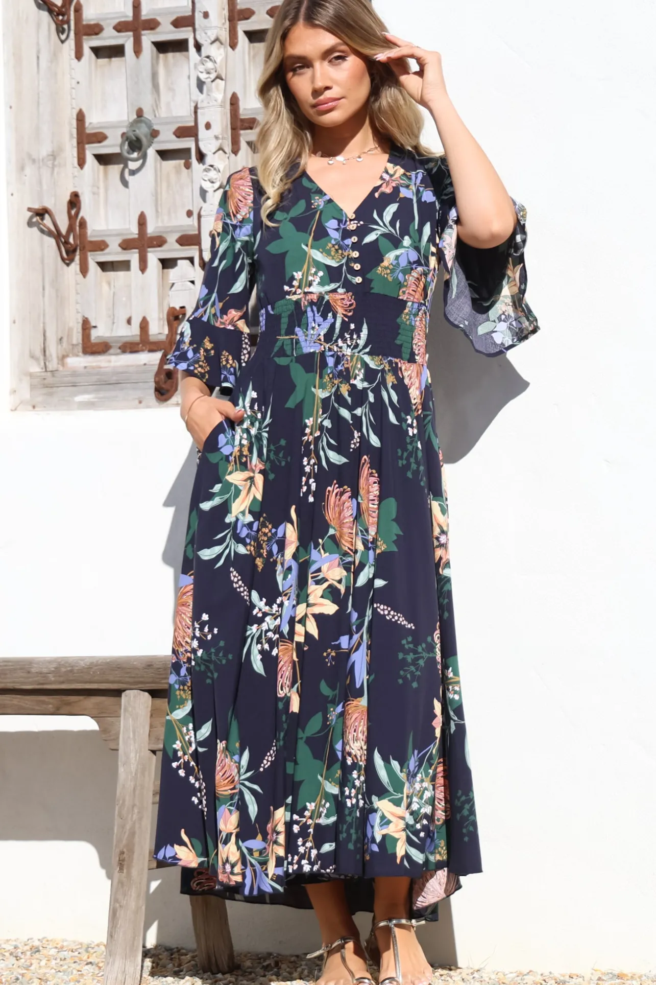 Sasha Maxi Dress - Buttoned Bodice A Line Dress With Flute Sleeves In Raven Print Navy>Salty Crush Discount