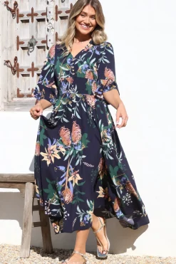Sasha Maxi Dress - Buttoned Bodice A Line Dress With Flute Sleeves In Raven Print Navy><noscript><img width=