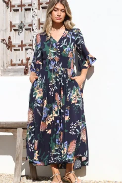 Sasha Maxi Dress - Buttoned Bodice A Line Dress With Flute Sleeves In Raven Print Navy><noscript><img width=