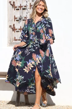 Sasha Maxi Dress - Buttoned Bodice A Line Dress With Flute Sleeves In Raven Print Navy><noscript><img width=