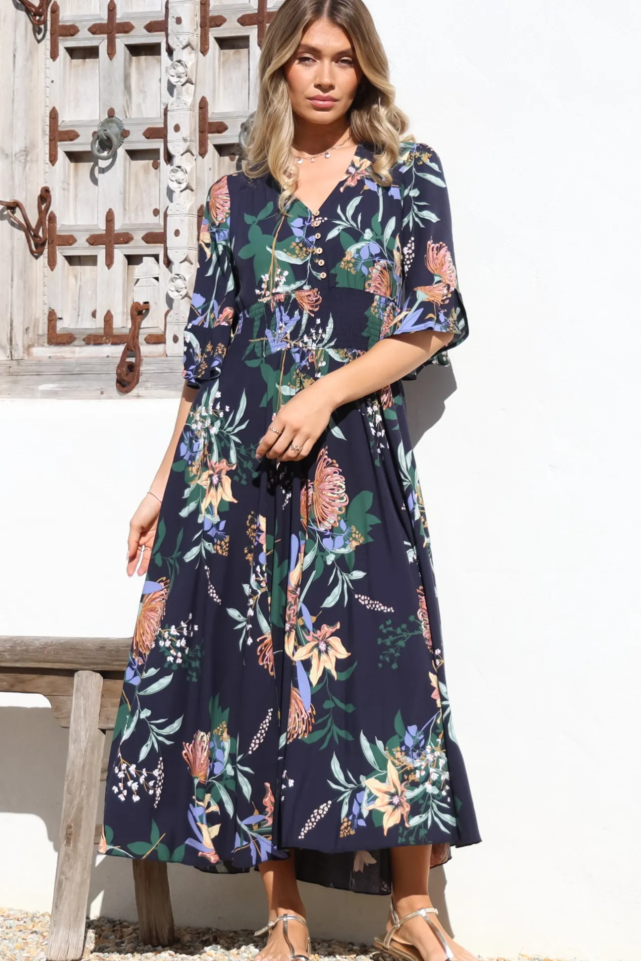 Sasha Maxi Dress - Buttoned Bodice A Line Dress With Flute Sleeves In Raven Print Navy>Salty Crush Discount