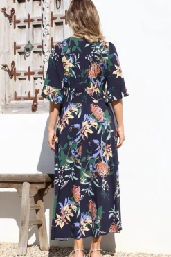 Sasha Maxi Dress - Buttoned Bodice A Line Dress With Flute Sleeves In Raven Print Navy><noscript><img width=
