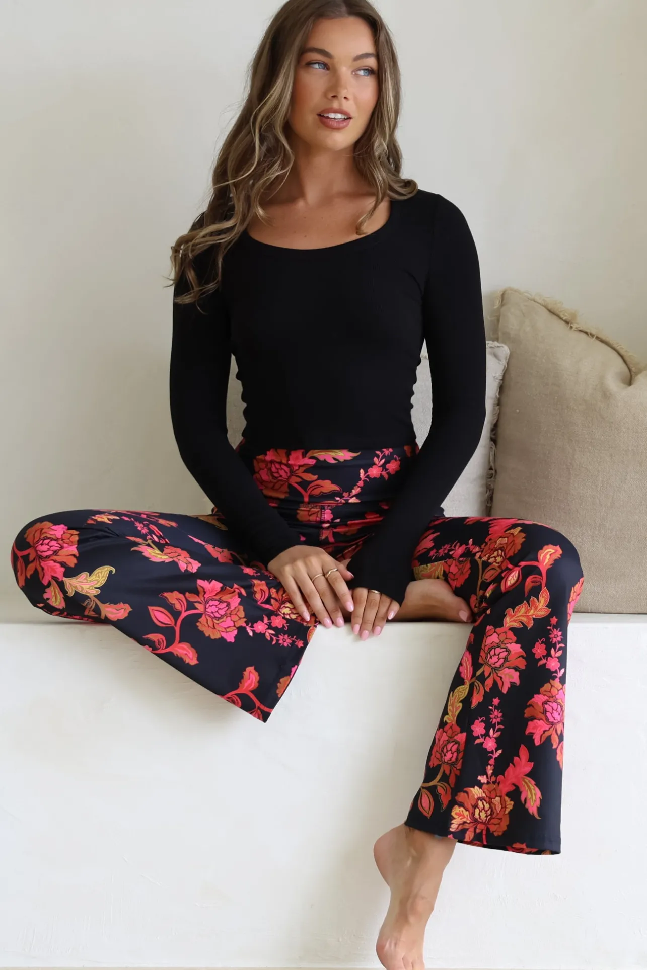 Scarlett Pants - High Waisted Flare Pants In Valerie Print>Salty Crush Hot
