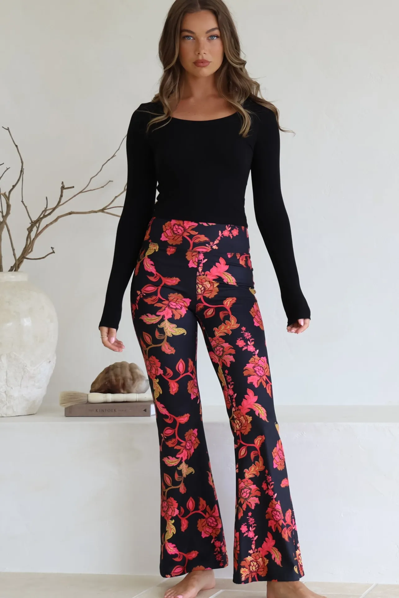Scarlett Pants - High Waisted Flare Pants In Valerie Print>Salty Crush Hot