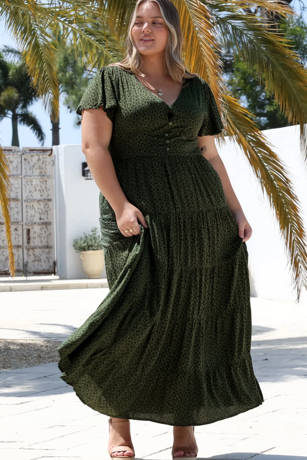 Selena Maxi Dress - Tiered A-Line Dress with Flutter Cap Sleeves in Borah Print Green>Salty Crush Clearance