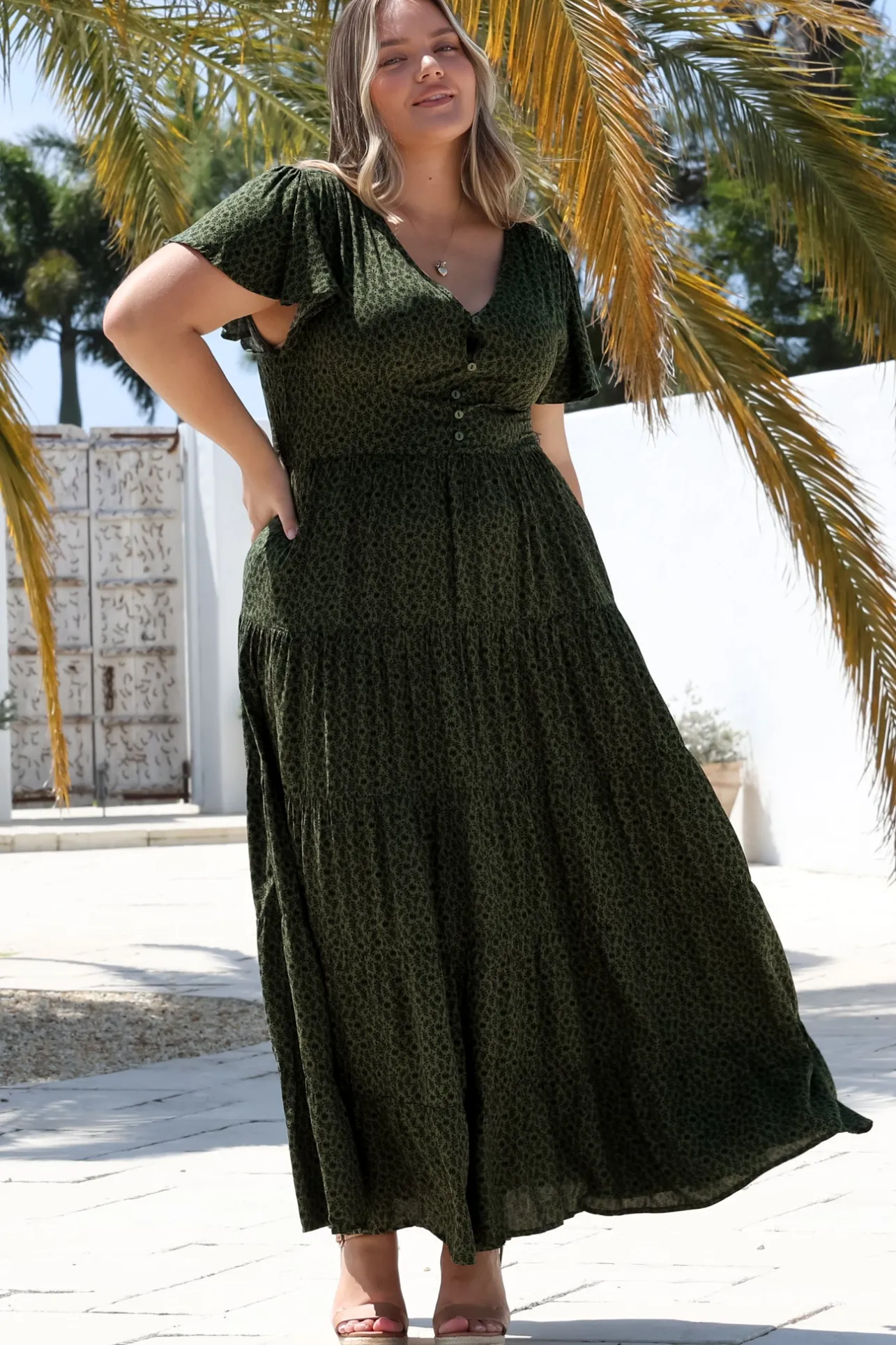 Selena Maxi Dress - Tiered A-Line Dress with Flutter Cap Sleeves in Borah Print Green>Salty Crush Clearance