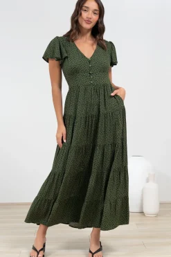 Selena Maxi Dress - Tiered A-Line Dress with Flutter Cap Sleeves in Borah Print Green><noscript><img width=