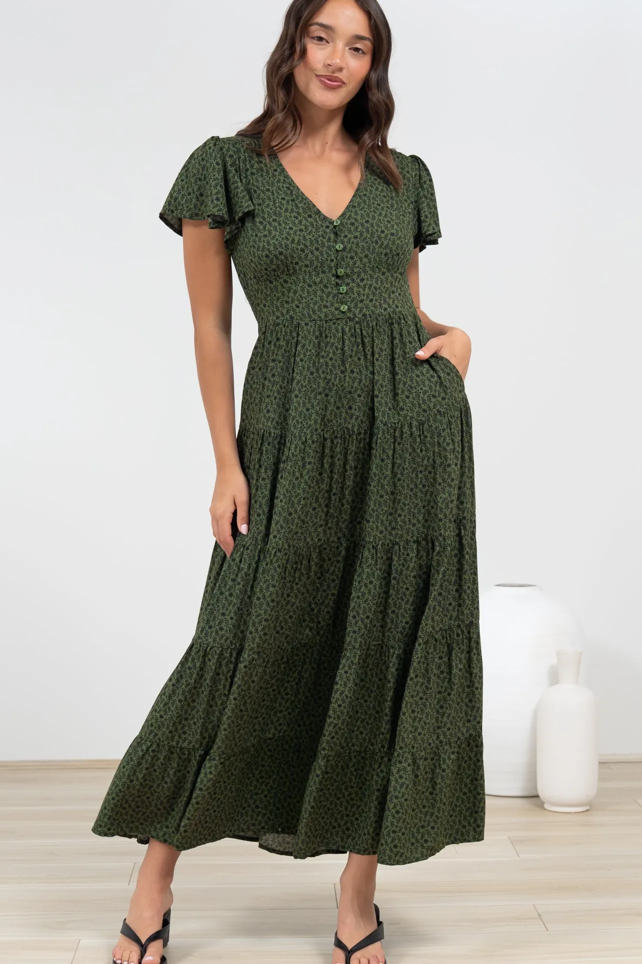 Selena Maxi Dress - Tiered A-Line Dress with Flutter Cap Sleeves in Borah Print Green>Salty Crush Clearance