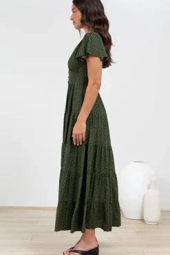 Selena Maxi Dress - Tiered A-Line Dress with Flutter Cap Sleeves in Borah Print Green><noscript><img width=