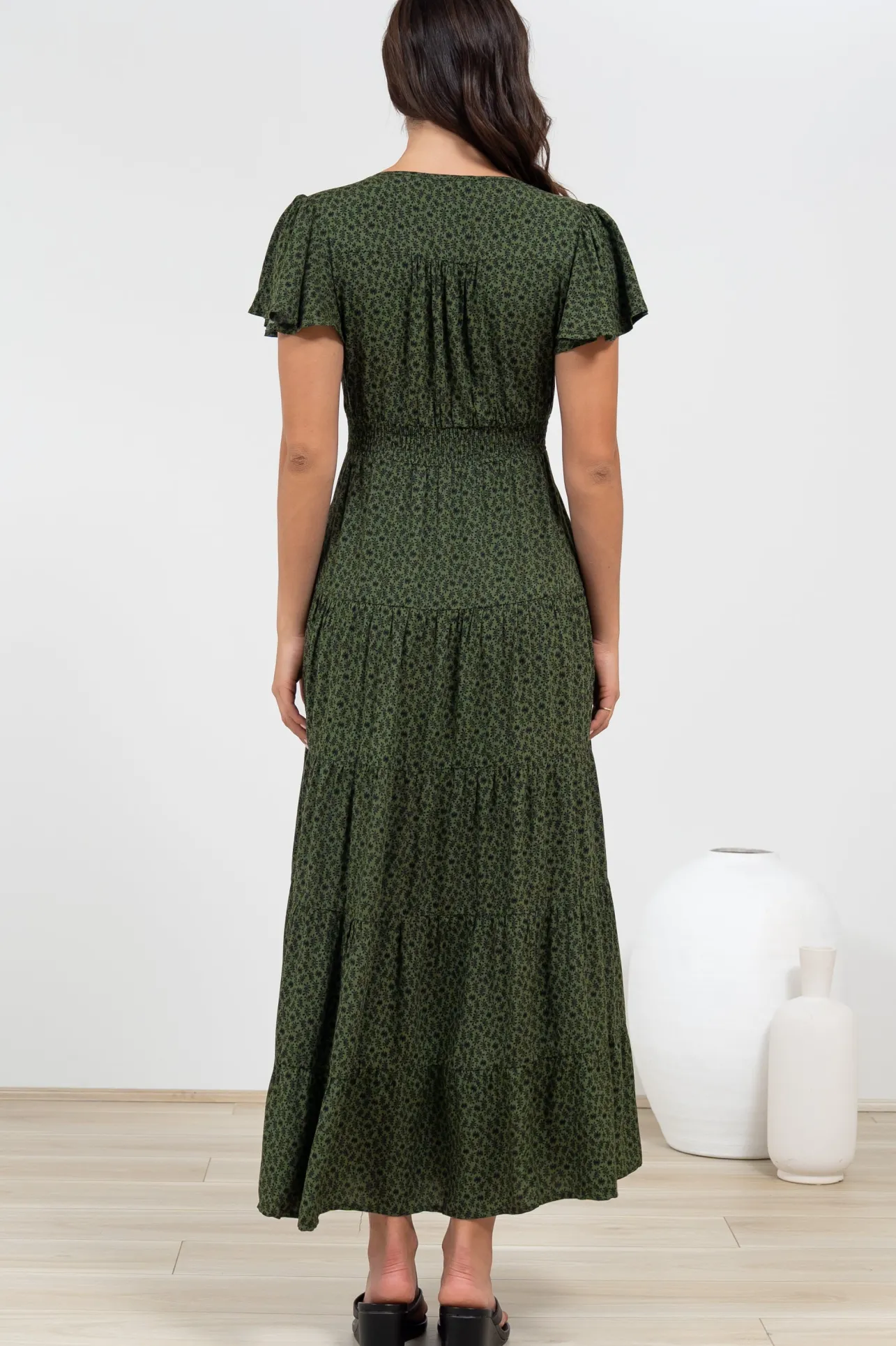 Selena Maxi Dress - Tiered A-Line Dress with Flutter Cap Sleeves in Borah Print Green>Salty Crush Clearance