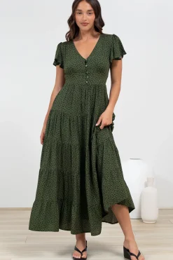 Selena Maxi Dress - Tiered A-Line Dress with Flutter Cap Sleeves in Borah Print Green><noscript><img width=