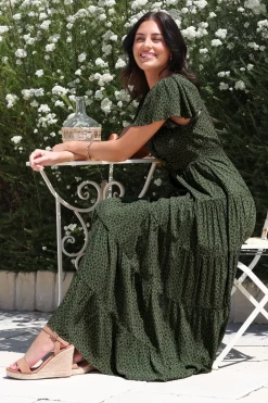 Selena Maxi Dress - Tiered A-Line Dress with Flutter Cap Sleeves in Borah Print Green><noscript><img width=