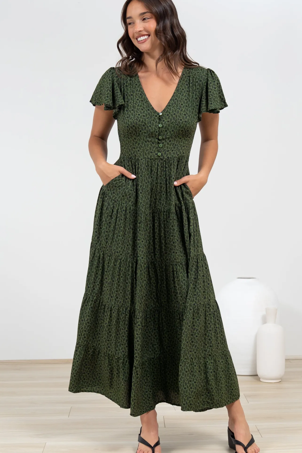 Selena Maxi Dress - Tiered A-Line Dress with Flutter Cap Sleeves in Borah Print Green>Salty Crush Clearance