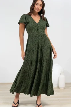Selena Maxi Dress - Tiered A-Line Dress with Flutter Cap Sleeves in Borah Print Green><noscript><img width=