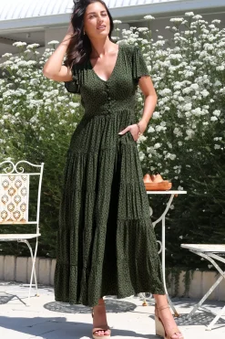 Selena Maxi Dress - Tiered A-Line Dress with Flutter Cap Sleeves in Borah Print Green><noscript><img width=