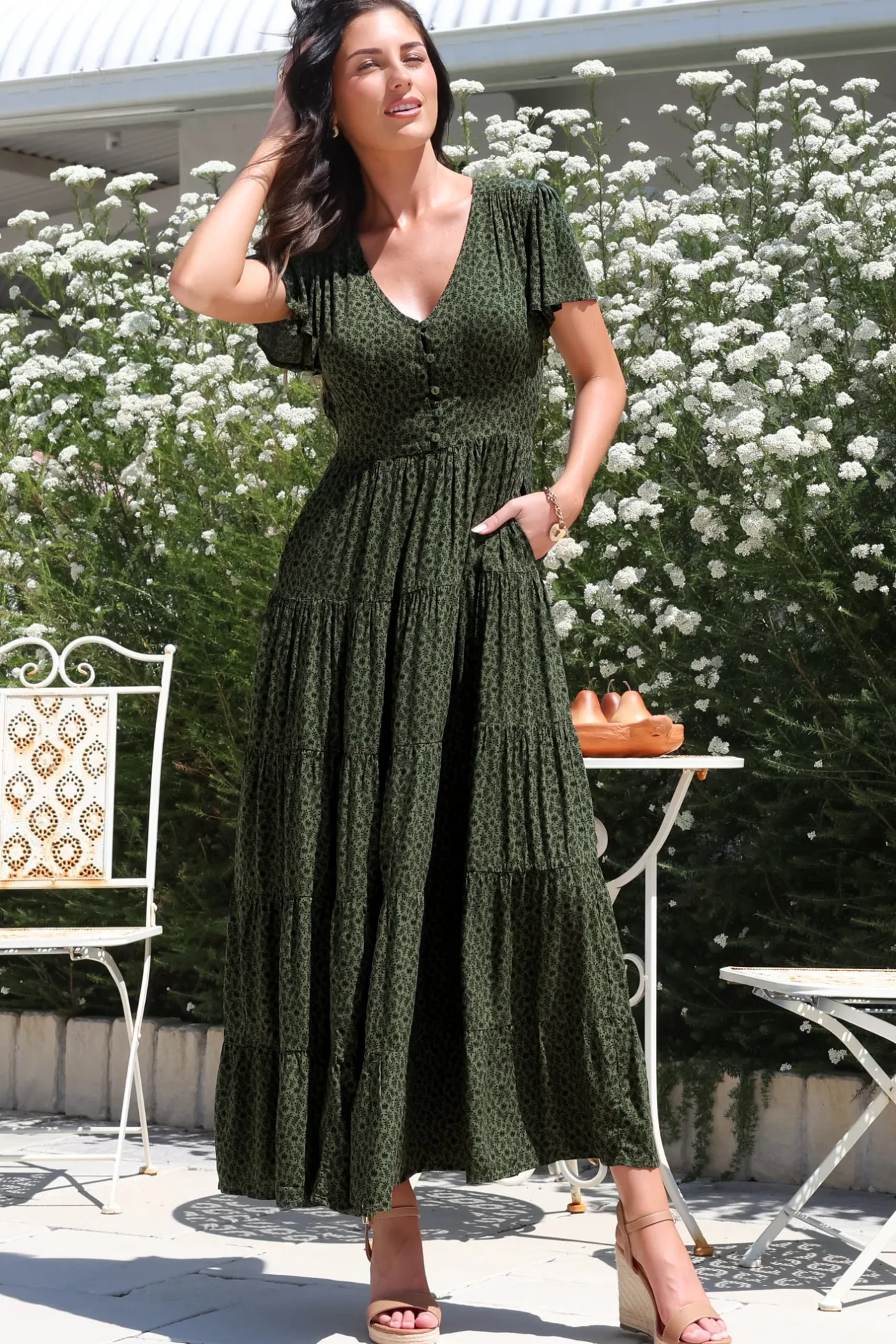 Selena Maxi Dress - Tiered A-Line Dress with Flutter Cap Sleeves in Borah Print Green>Salty Crush Clearance
