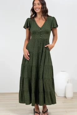 Selena Maxi Dress - Tiered A-Line Dress with Flutter Cap Sleeves in Borah Print Green><noscript><img width=
