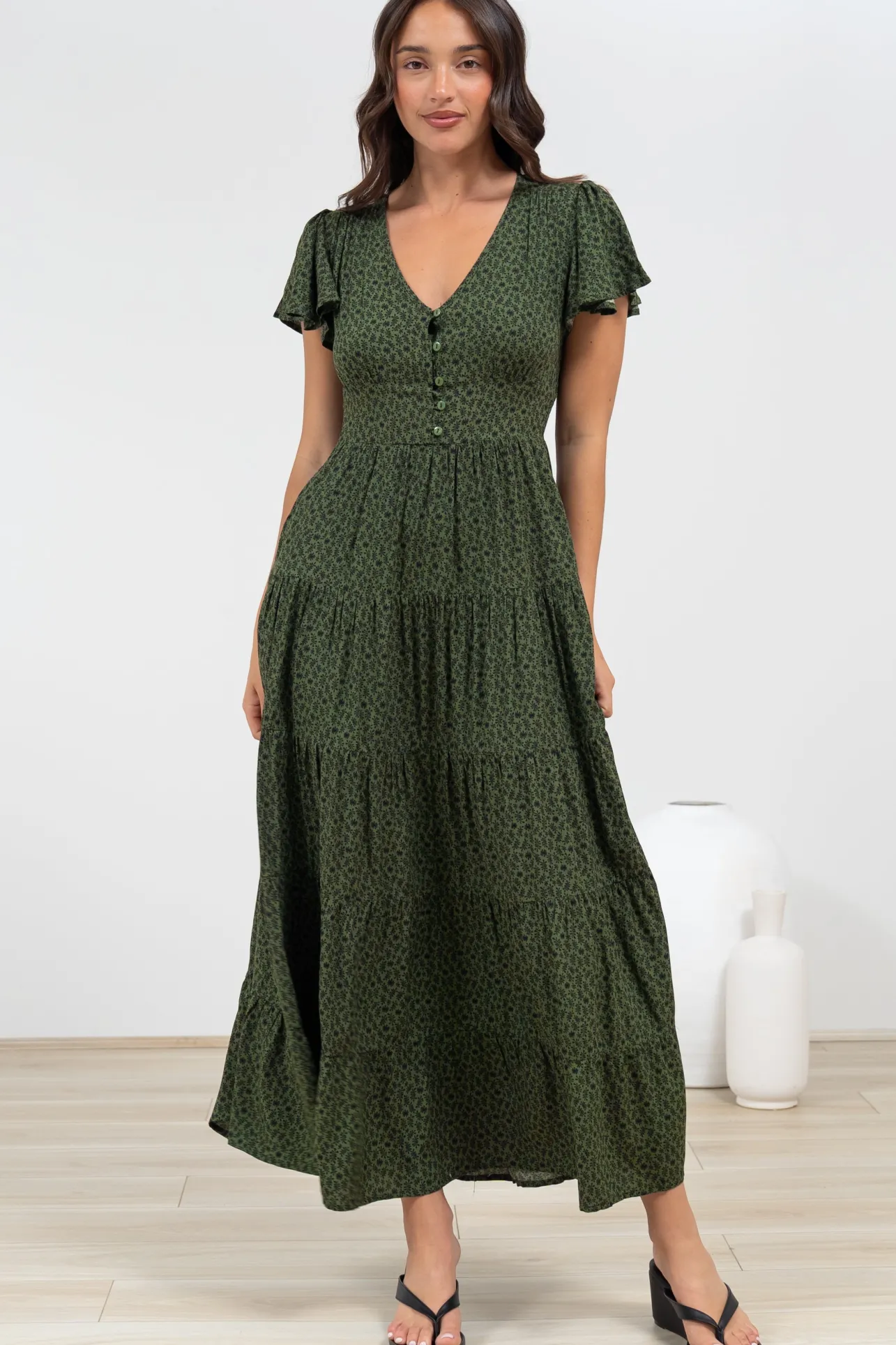 Selena Maxi Dress - Tiered A-Line Dress with Flutter Cap Sleeves in Borah Print Green>Salty Crush Clearance