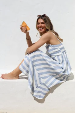 Sennia Midi Dress - Adjustable Spaghetti Strap Sun Dress in Gaubi Print Blue>Salty Crush Sale