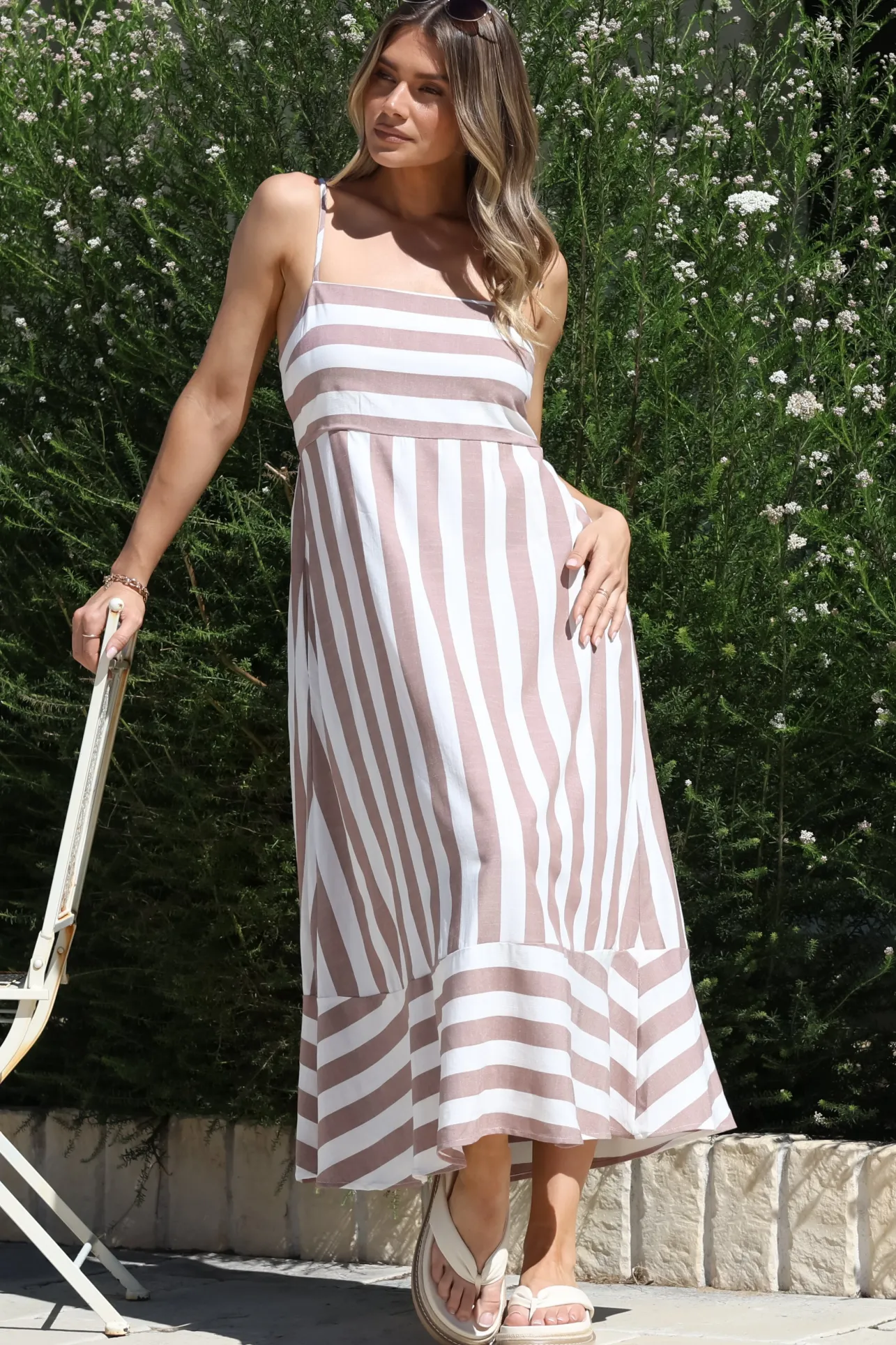 Sennia Midi Dress - Adjustable Spaghetti Strap Sun Dress in Gaubi Print Beige>Salty Crush Discount