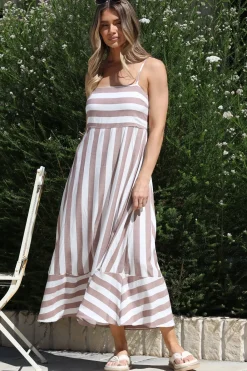 Sennia Midi Dress - Adjustable Spaghetti Strap Sun Dress in Gaubi Print Beige><noscript><img width=