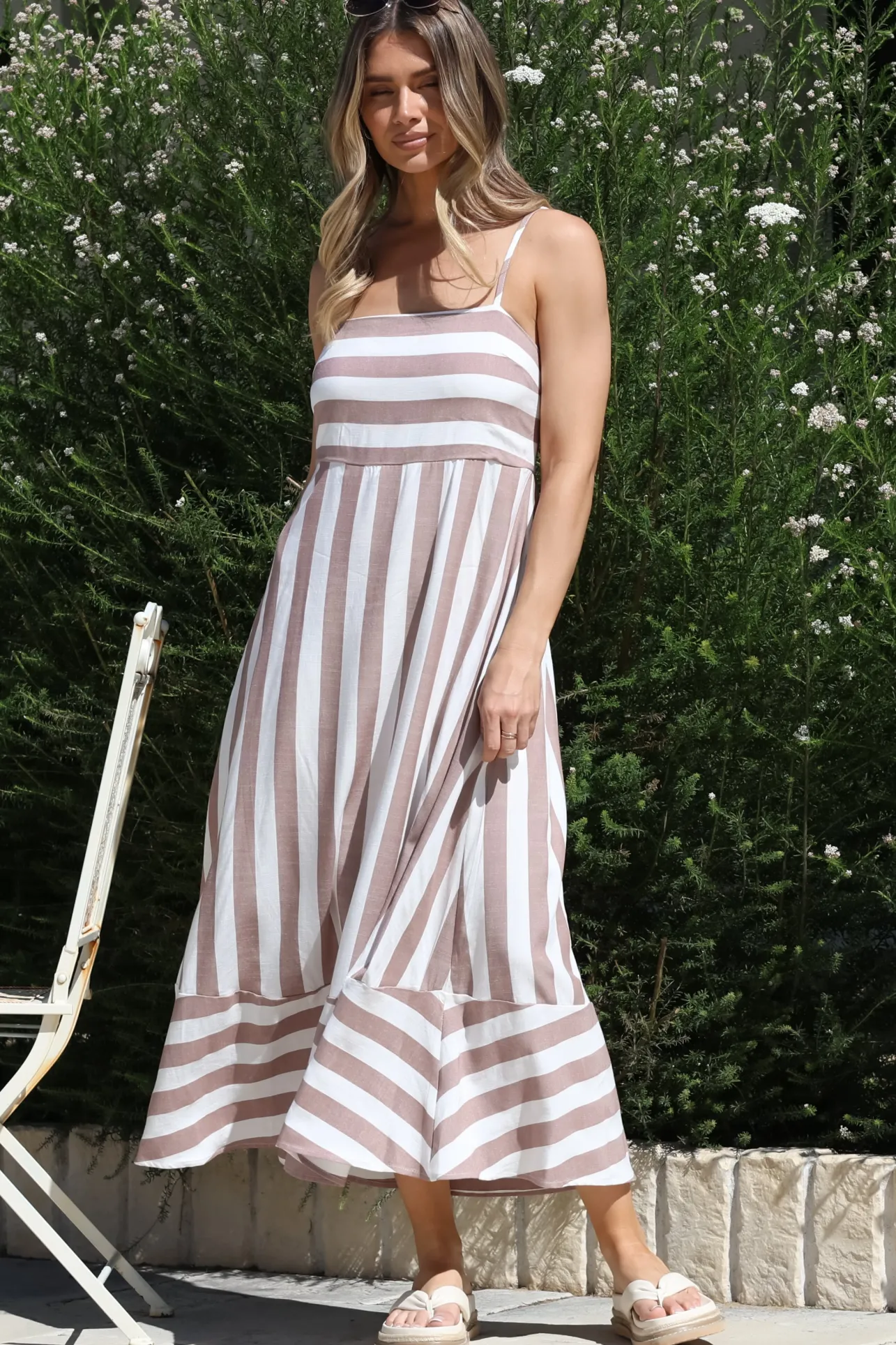 Sennia Midi Dress - Adjustable Spaghetti Strap Sun Dress in Gaubi Print Beige>Salty Crush Discount