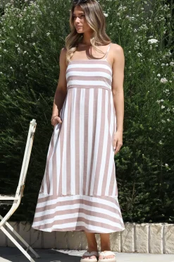 Sennia Midi Dress - Adjustable Spaghetti Strap Sun Dress in Gaubi Print Beige><noscript><img width=
