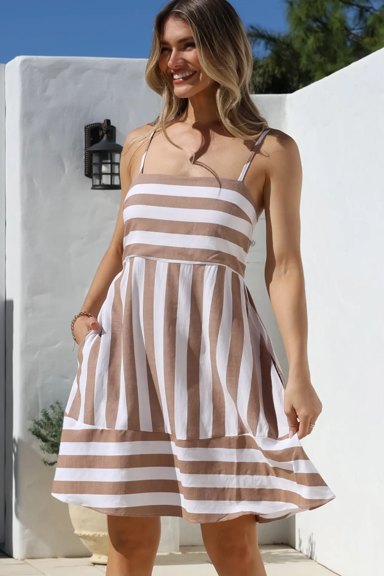 Sennia Mini Dress - Adjustable Spaghetti Strap Sun Dress in Gaubi Print Tan>Salty Crush Outlet