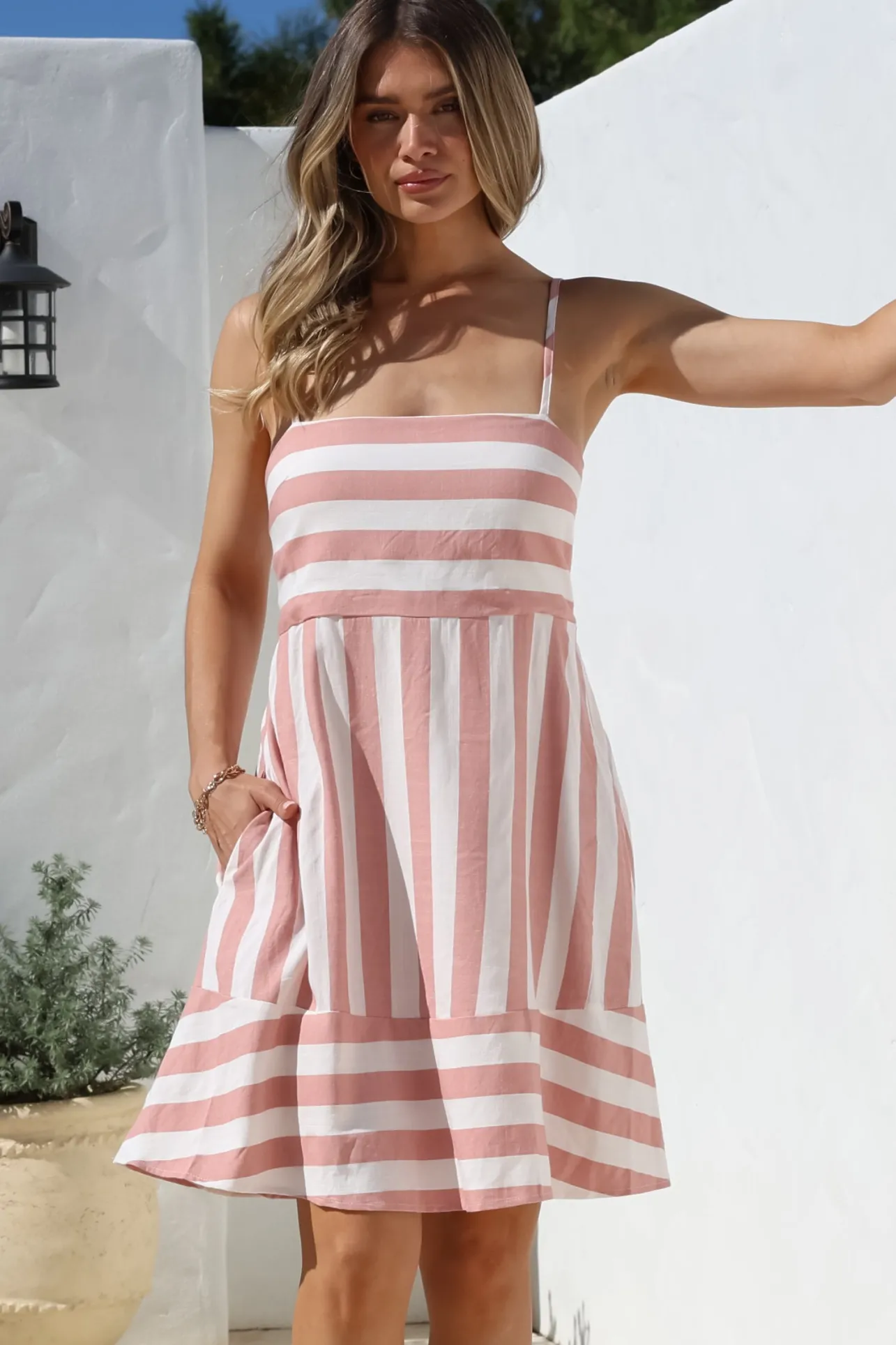 Sennia Mini Dress - Adjustable Spaghetti Strap Sun Dress in Gaubi Print Pink>Salty Crush Outlet