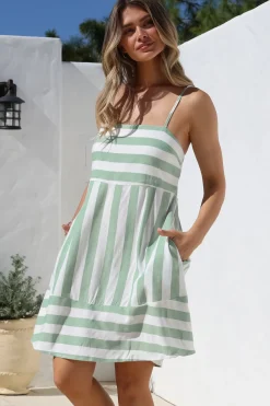 Sennia Mini Dress - Adjustable Spaghetti Strap Sun Dress in Gaubi Print Green><noscript><img width=