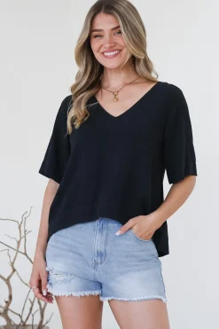 Shandy Top - V-Neck Boxy High Low Top with Short Sleeves in Black>Salty Crush Best
