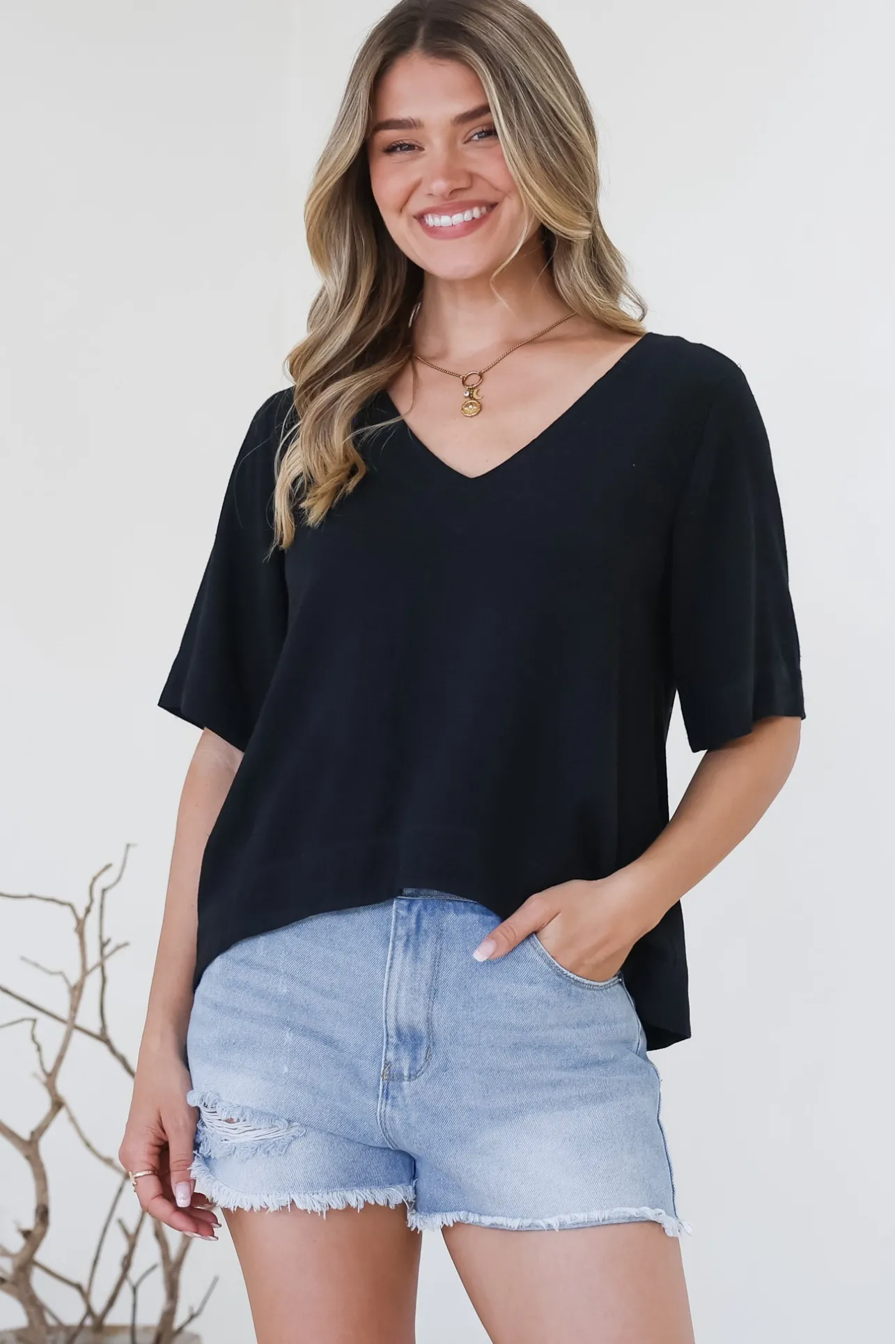 Shandy Top - V-Neck Boxy High Low Top with Short Sleeves in Black>Salty Crush Best