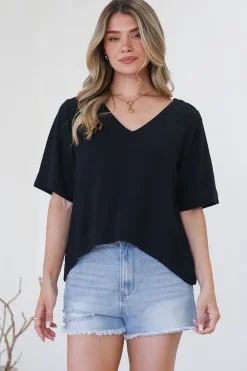 Shandy Top - V-Neck Boxy High Low Top with Short Sleeves in Black>Salty Crush Best