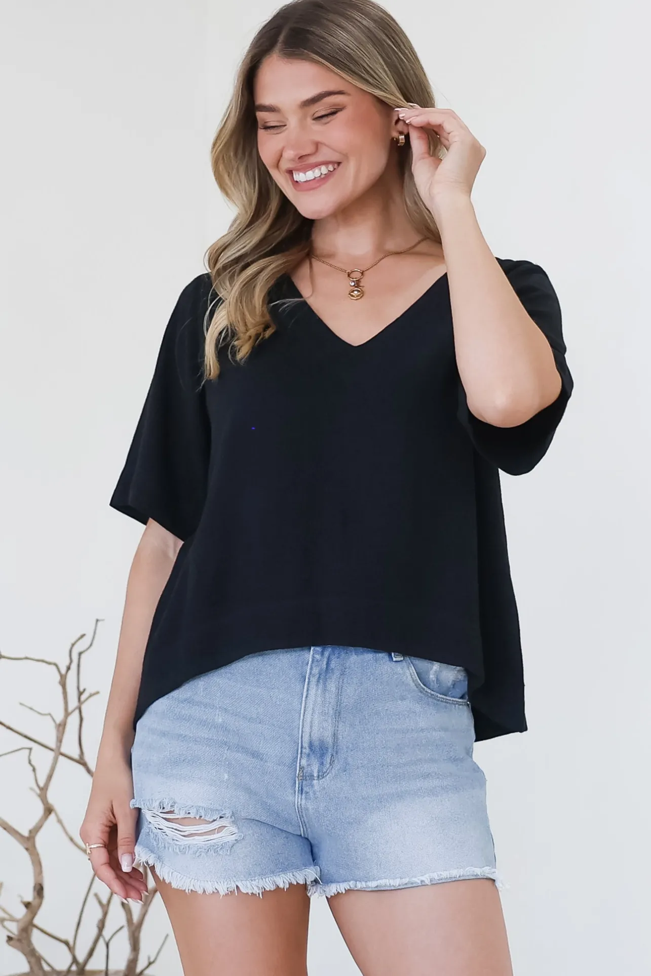 Shandy Top - V-Neck Boxy High Low Top with Short Sleeves in Black>Salty Crush Best