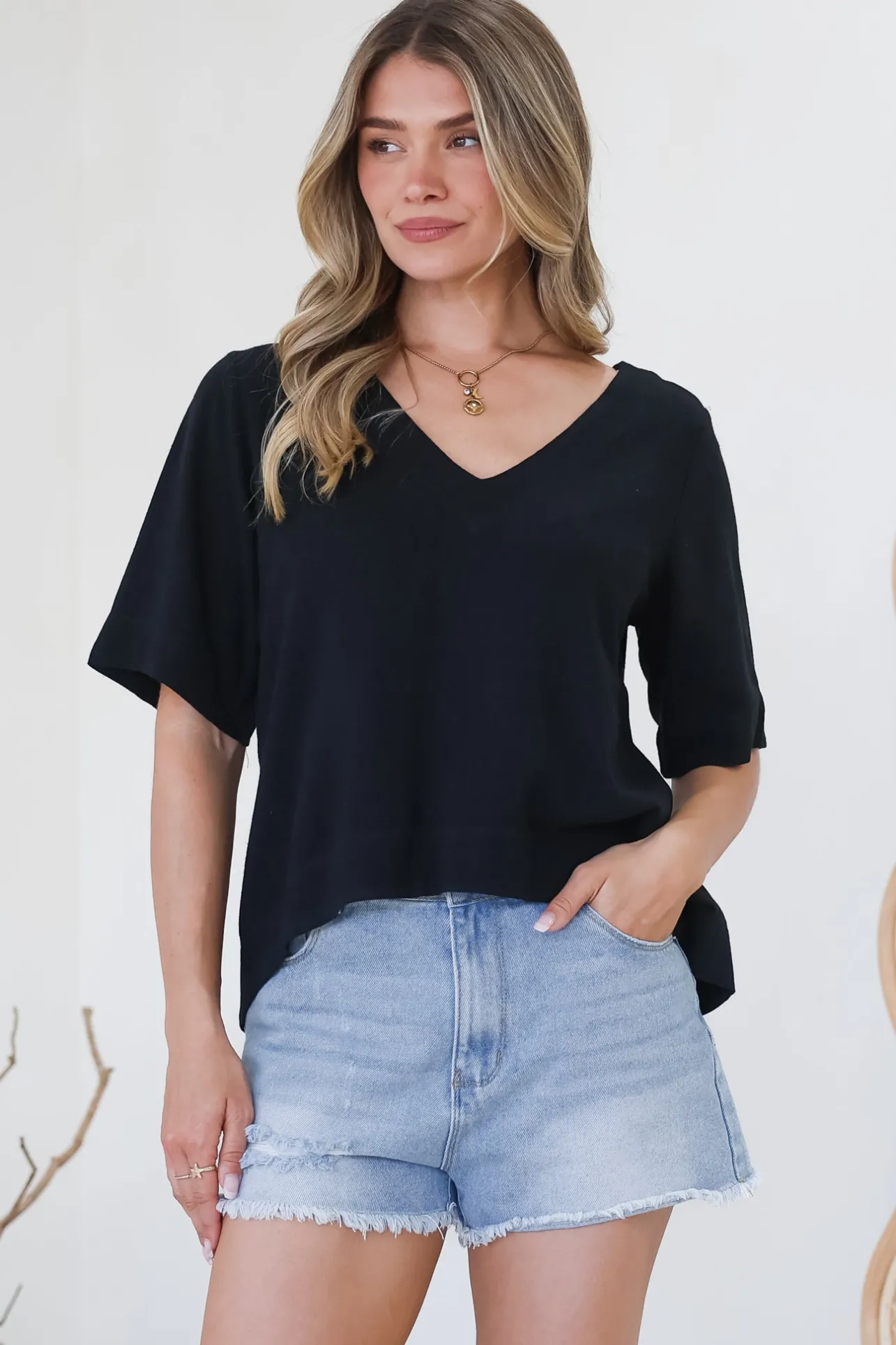 Shandy Top - V-Neck Boxy High Low Top with Short Sleeves in Black>Salty Crush Best