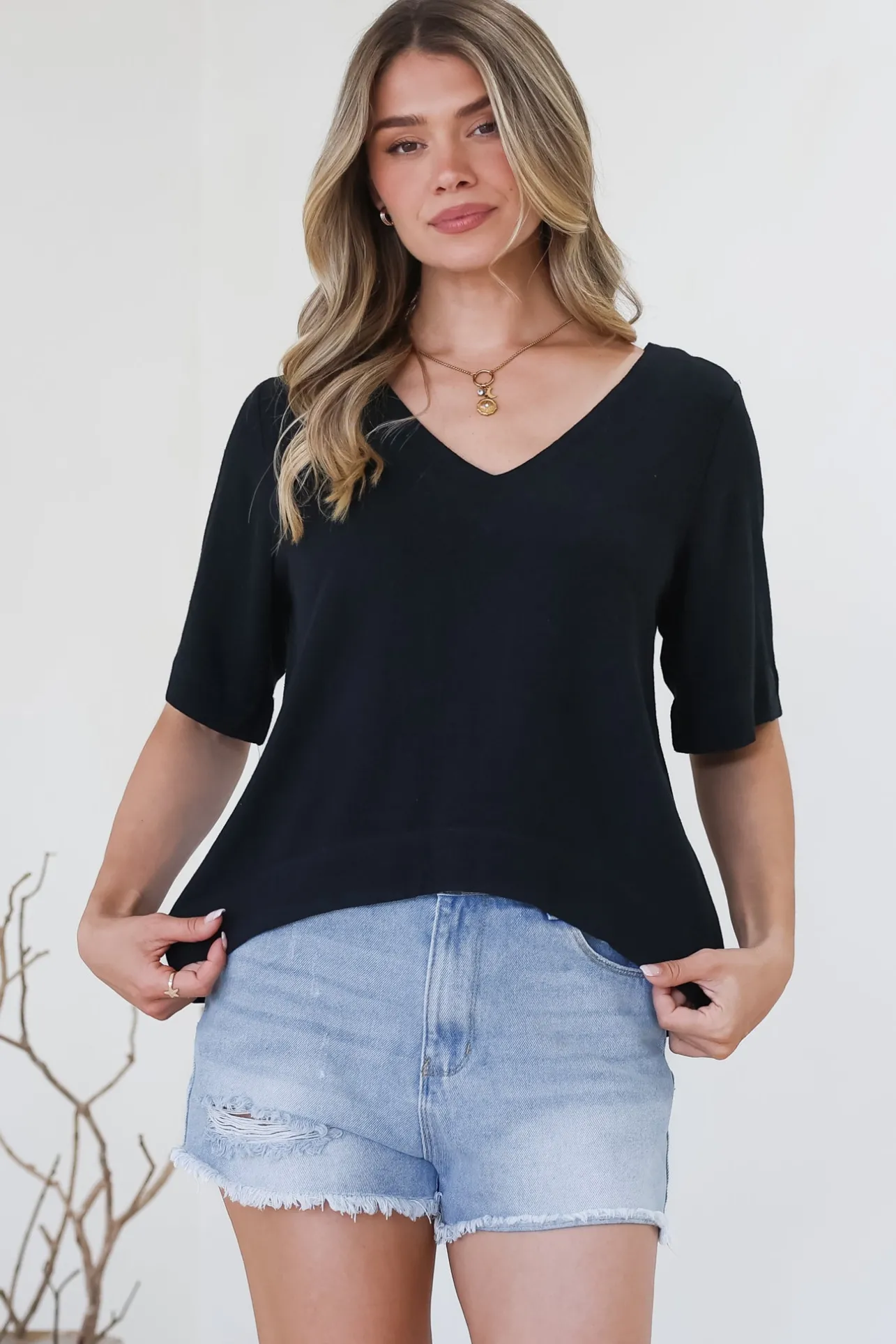 Shandy Top - V-Neck Boxy High Low Top with Short Sleeves in Black>Salty Crush Best