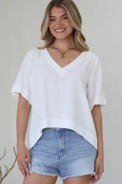 Shandy Top - V-Neck Boxy High Low Top with Short Sleeves in White>Salty Crush Discount