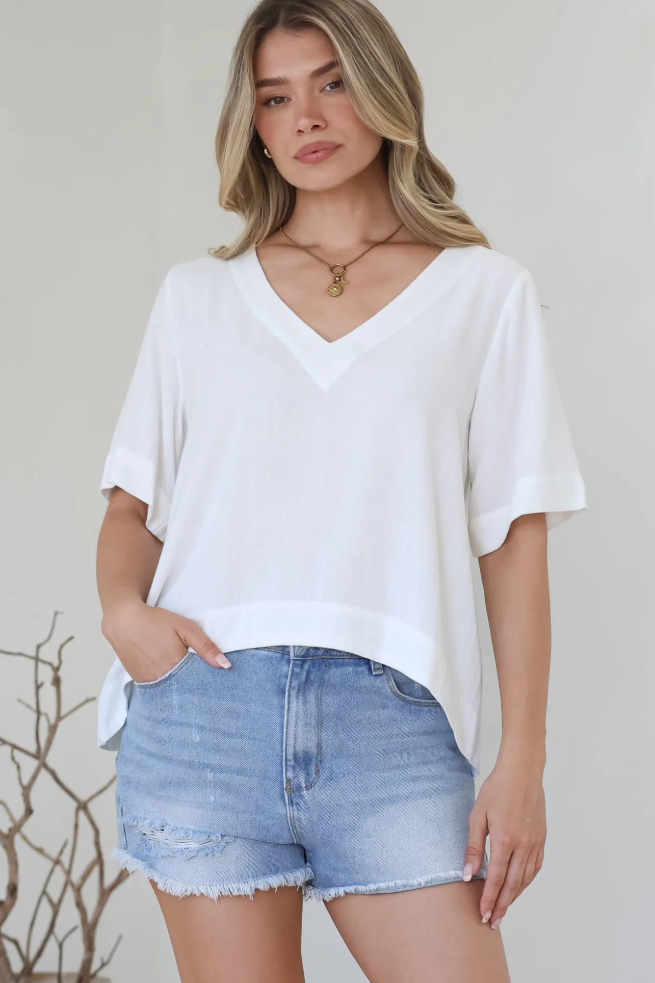 Shandy Top - V-Neck Boxy High Low Top with Short Sleeves in White>Salty Crush Discount