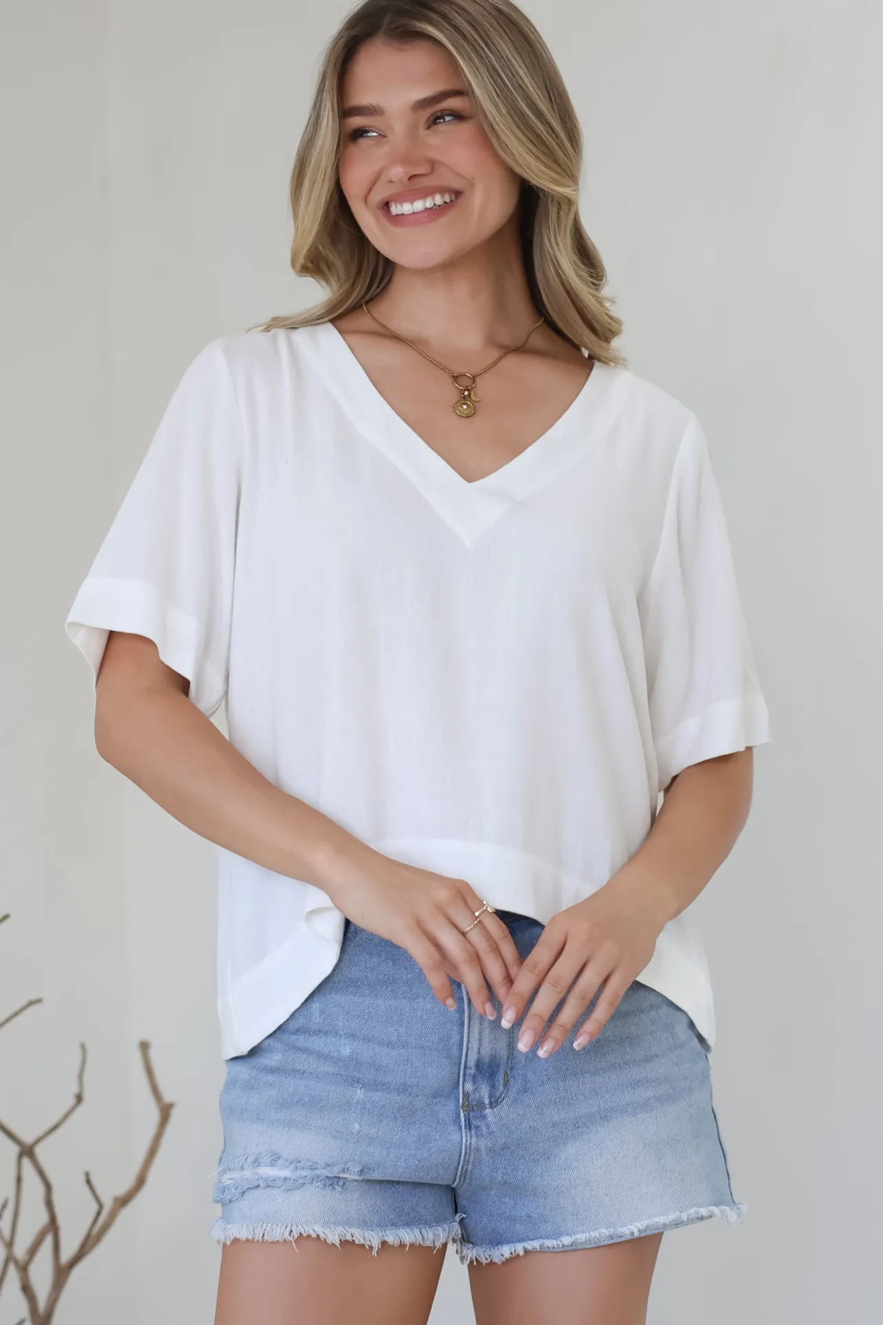 Shandy Top - V-Neck Boxy High Low Top with Short Sleeves in White>Salty Crush Discount