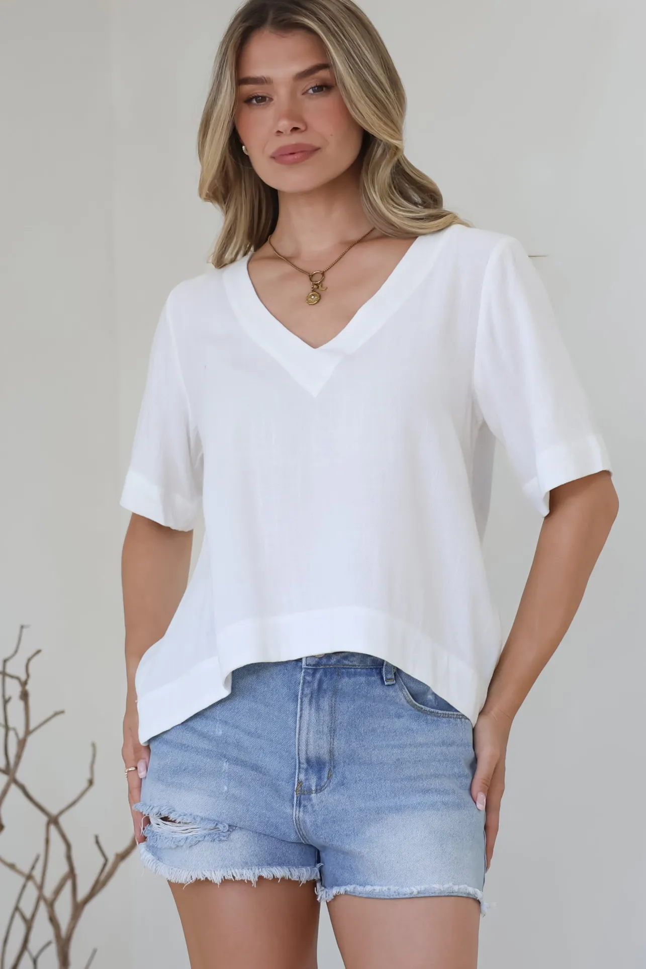 Shandy Top - V-Neck Boxy High Low Top with Short Sleeves in White>Salty Crush Discount