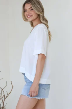Shandy Top - V-Neck Boxy High Low Top with Short Sleeves in White><noscript><img width=