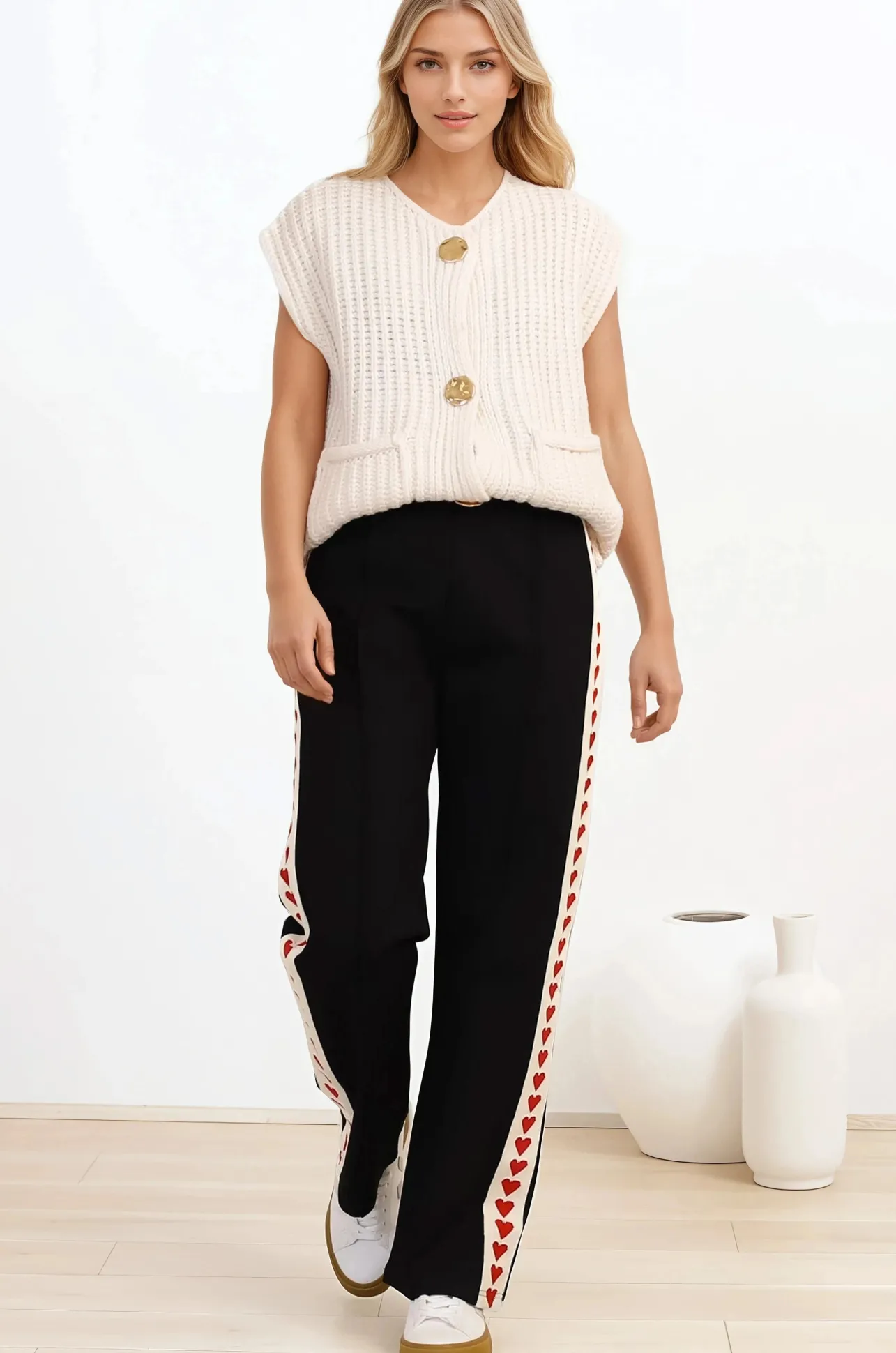 Shanty Pants - High Waisted Straight Leg Pants with Heart Side Strip in Black>Salty Crush Best