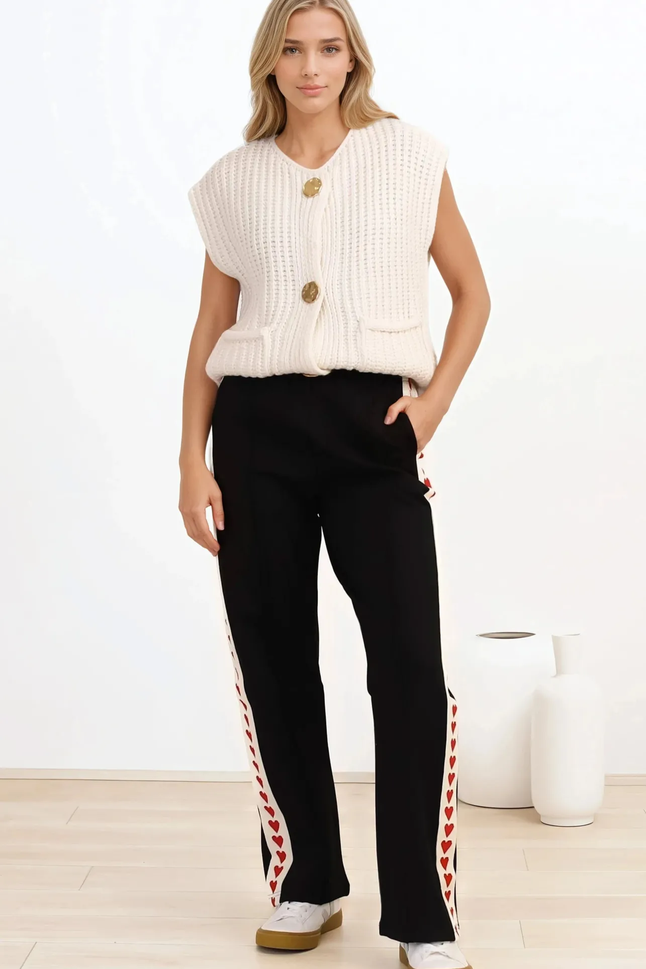 Shanty Pants - High Waisted Straight Leg Pants with Heart Side Strip in Black>Salty Crush Best